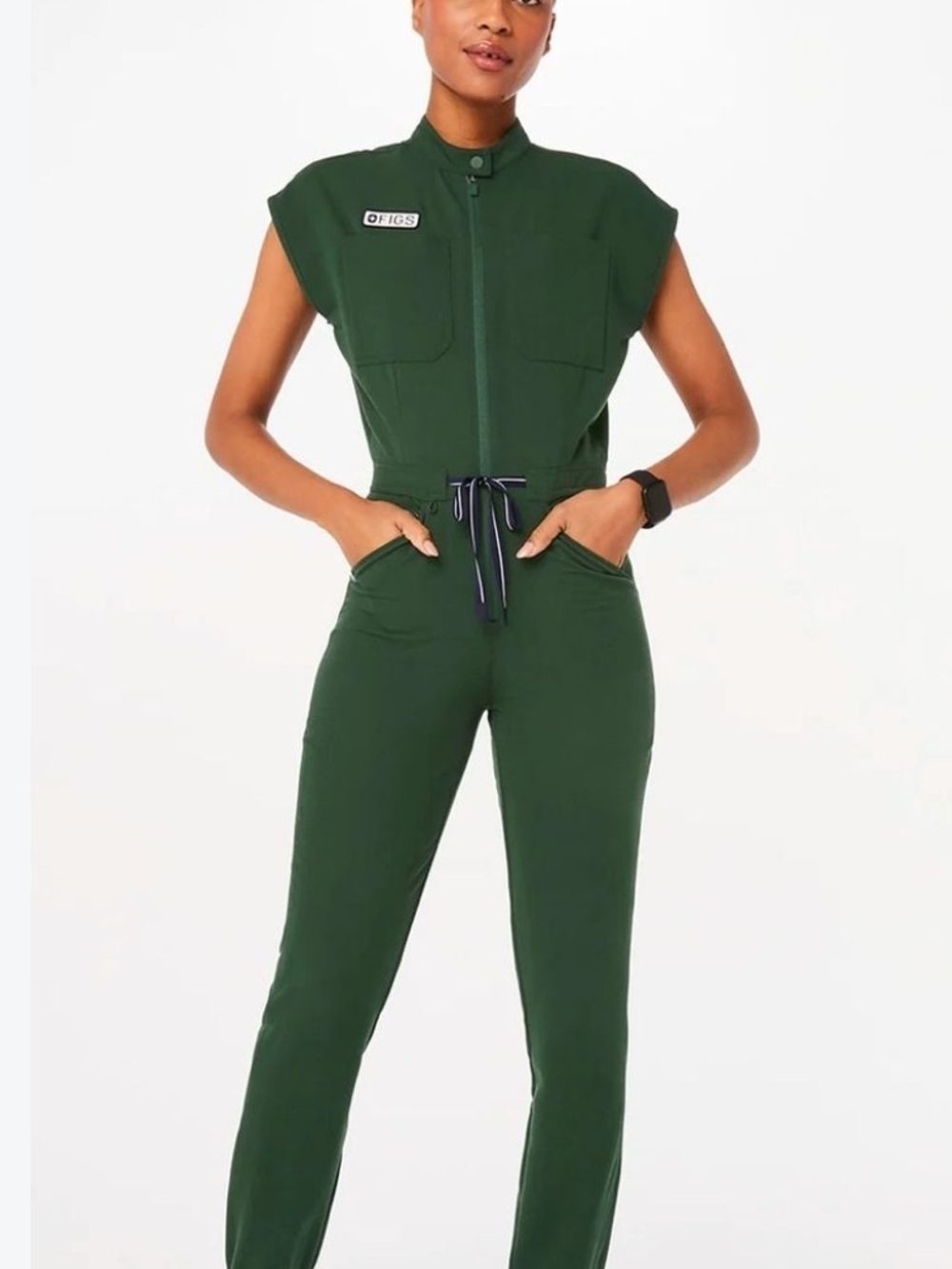 Figs Forest Green Short-Sleeve Zip-Front Jumpsuit